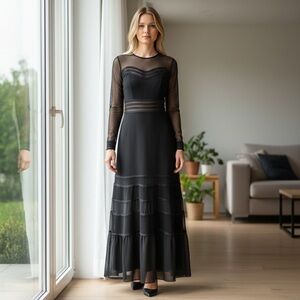 RARE vintage tadashi black long sleeve mesh and beaded gown